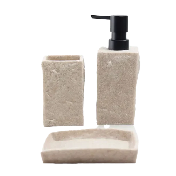 Aminsuk 3-Piece Beige Stone Bathroom Set with Dispenser, Toothbrush Holder & Soap Dish