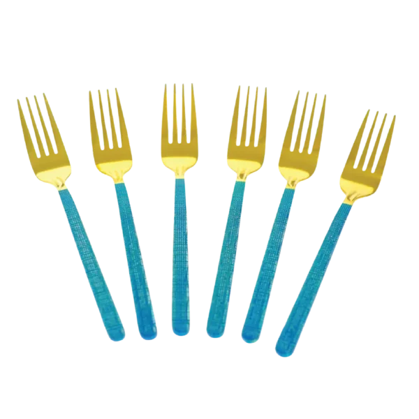 Aminsuk Royal Azure Gold Dinner Fork Set with blue textured handle and gold stainless steel finish