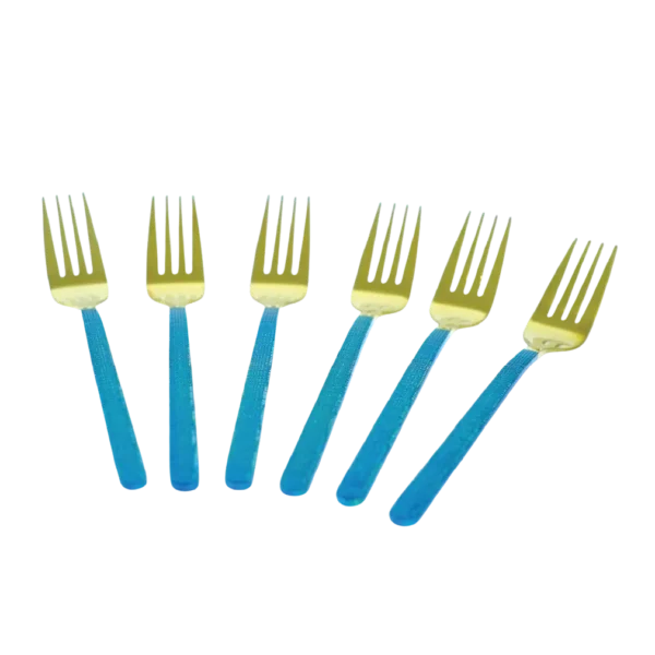 Gold stainless steel dinner forks with blue handle by Aminsuk