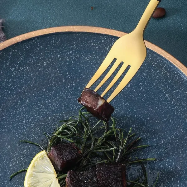 Luxury dinner fork set with gold head and blue handle